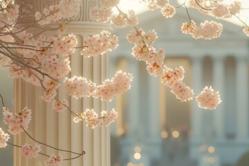 Cherry Blossoms in Bloom by Classical Architecture