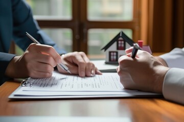 Real estate broker agent document agreement writing. - obrazy, fototapety, plakaty