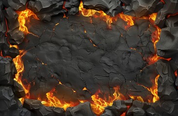 Fiery lava cracks breaking through a dark stone surface