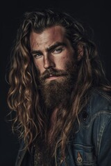 Fototapeta premium Portrait of a rugged man with long hair and beard