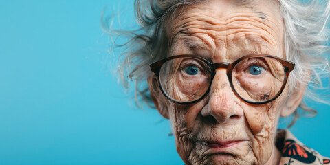 cute pretty old woman wearing big glasses. Poor eyesight at old age.