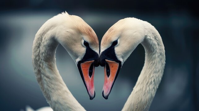 Convey the magic of avian love in a prompt featuring a swan couple, their beaks meeting in a kiss that forms a heart shape