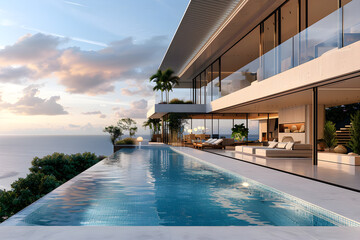 Fototapeta premium A 3D illustration of a luxury pool villa with a spectacular contemporary design, perfect for luxurious vacations and elegant living.