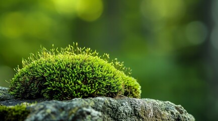 Lush green moss growing on a rock with a soft-focus background