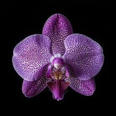 Fototapeta na wymiar Exotic orchid isolated, Bold purple and white colors stand out against a deep black background