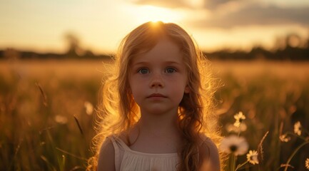 Young girl enjoying a sunset in a field