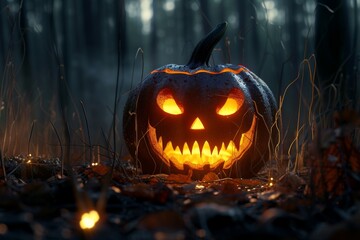 Spooky Jack-o'-lantern in a Dark Forest