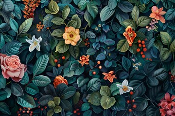 Botanical Whimsy: A Captivating Background could be a lush, enchanting tapestry of vibrant flora woven with delicate tendrils of imagination.  - obrazy, fototapety, plakaty