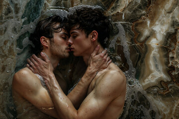 Two men in love, gay couple, LGBTQ+, young men kissing and hugging