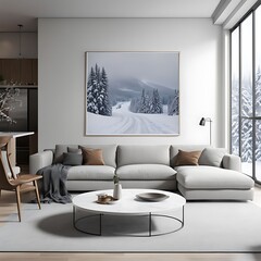 A living room with a large picture of a snowy scene.