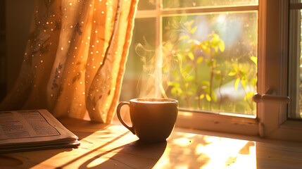 A cozy image capturing the simple pleasures of a sunny morning, with a steaming cup of coffee sitting on a table bathed in sunlight