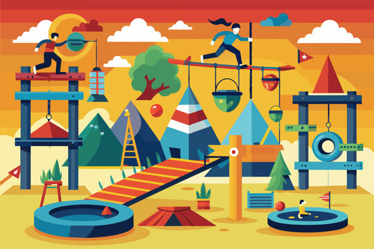 Ninja warrior playground with obstacle courses, balance challenges, and agility tests