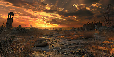 Obraz premium Ashen Skies: Life After the Fallout - A world where the skies are forever tainted with ash, symbolizing the aftermath of nuclear fallout and the challenges of rebuilding