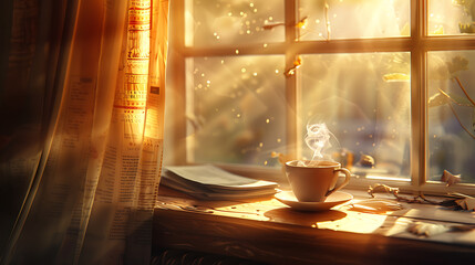 A cozy image capturing the simple pleasures of a sunny morning, with a steaming cup of coffee sitting on a table bathed in sunlight