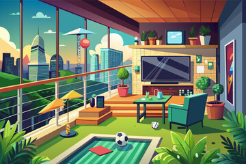 Luxury sports fan balcony with a mini putting green, sports memorabilia, and a widescreen TV