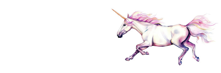 Watercolor unicorn in full growth isolated on white background with copy space