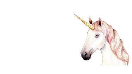 Watercolor portrait of unicorn isolated on white background with space for text