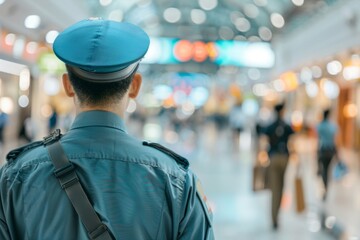 Security guard professional safety patrol man police employee mall safe business protect serve confident authority public space secure guarding agent staff shop convenience store grocery