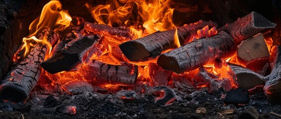 Glowing Embers and Flames in a Wood Fire
