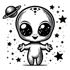 Eine minimalistische schwarz weiße Vektorgrafik eines kleinen Aliens