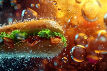 Delicious hot dog with fresh toppings and sparkling background
