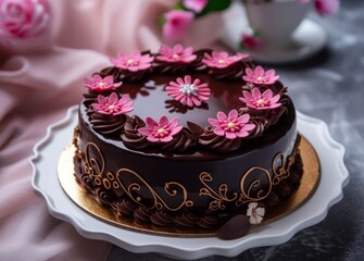 Obraz na płótnie Canvas Elegant chocolate cake decorated with pink flowers on a table