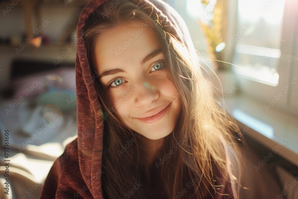 Wall mural smiling young woman with a hood in warm sunlight