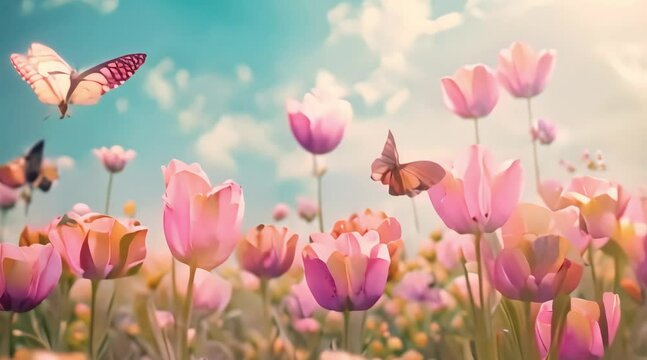 view of tulip fields and butterflies. 4k video