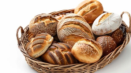 Assorted fresh baked bread in a wicker basket on white background