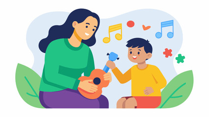 Fototapeta premium A mother and her child with autism bond through music as their music the uses singing and instrument playing to develop their communication skills..