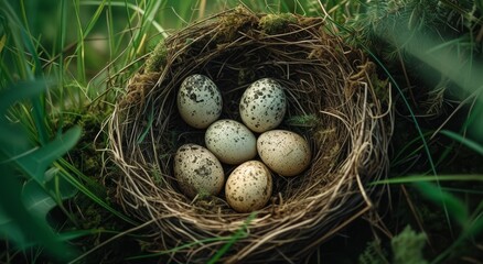 Fototapeta premium Bird eggs nestled in a natural nest among greenery