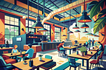 Envision a modern bistro with industrial decor and a lively atmosphere buzzing with energy