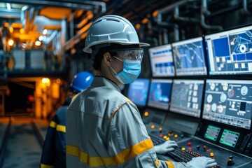 Skilled experienced engineer control room server maintenance energetic infrastructure factory controls manufacturing manager technology professional engineering safety equipment planning service