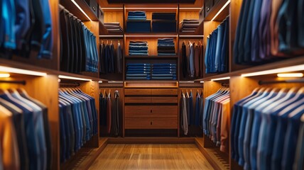 Well-organized modern wardrobe with assorted shirts and neat storage