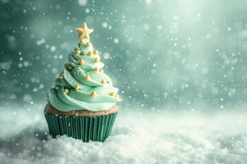 Festive Christmas Cupcake with Star Topping and Snowy Background