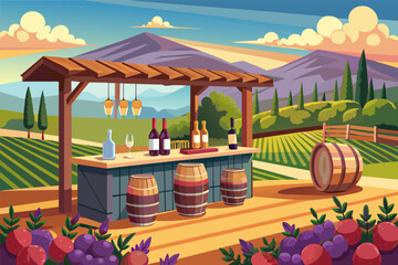 Countryside vineyard cocktail counter with wine barrel decor and vineyard views - obrazy, fototapety, plakaty