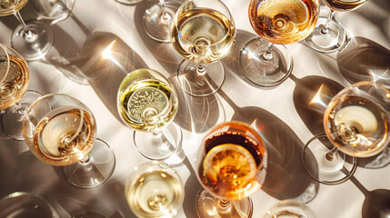 Overhead view of assorted wine glasses, a tapestry of reflections and transparencies.