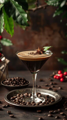 Indulgent espresso martini with coffee beans and star anise, a connoisseur's delight.