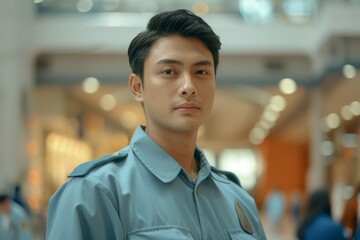 Obraz premium Security guard professional safety patrol man police employee mall safe business protect serve confident authority public space secure guarding agent staff shop convenience store grocery