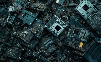 Assorted electronic waste and computer parts piled for recycling