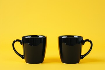 Two black coffee mugs on a yellow background