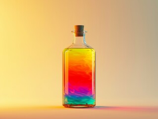 Colorful liquid in a clear glass bottle against a warm gradient background