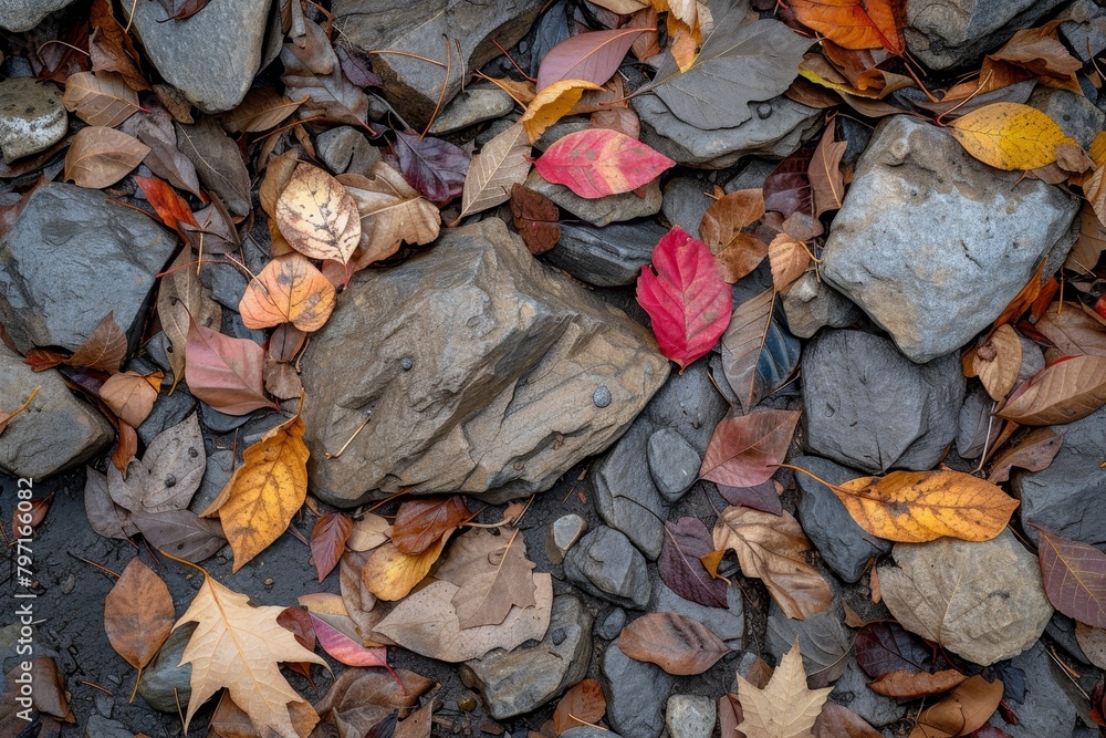 Poster Autumn Leaves Resting on Rocky Ground