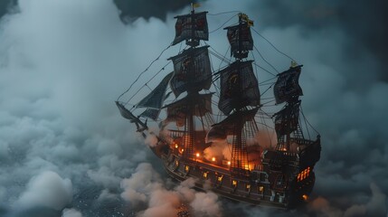 pirate ship sailing on the sea, 3D render