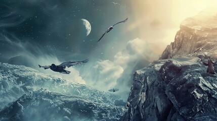 Craft a visually stunning poster showcasing the majestic flight of falcons in a futuristic landscape