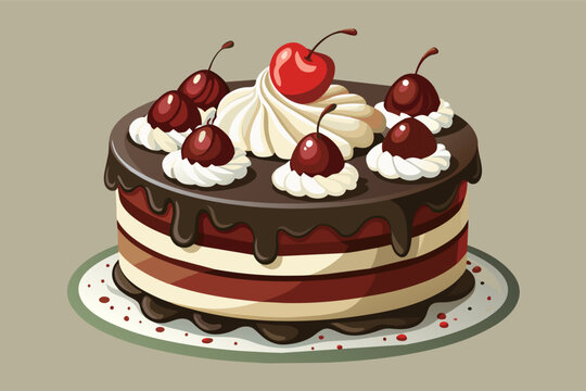 A sophisticated black forest gateau with layers of chocolate sponge cake, cherry compote, and whipped cream, garnished with chocolate shavings