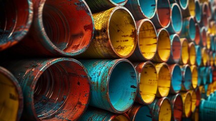 Fototapeta premium Vibrant steel pipes stacked in a warehouse with a focus on the textures