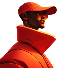 In the colorful and stylish portrait an African American man in vibrant red attire donning trendy sunglasses is depicted against a striking orange background