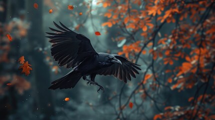 Craft a narrative of a common raven's journey over a forest dressed in autumn's finest colors