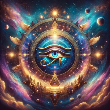 The Eye of Horus shines within a celestial circle, surrounded by winged figures and an Egyptian landscape, symbolizing divine protection and cosmic power.